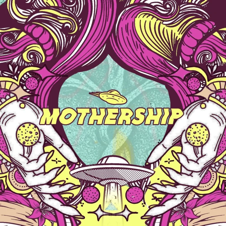 MOTHERSHIP Lisbon – Weekly Thursday party at Temple Club by Freaky Fiction & Visionaries. Psychedelic artwork with UFO and cosmic theme.
