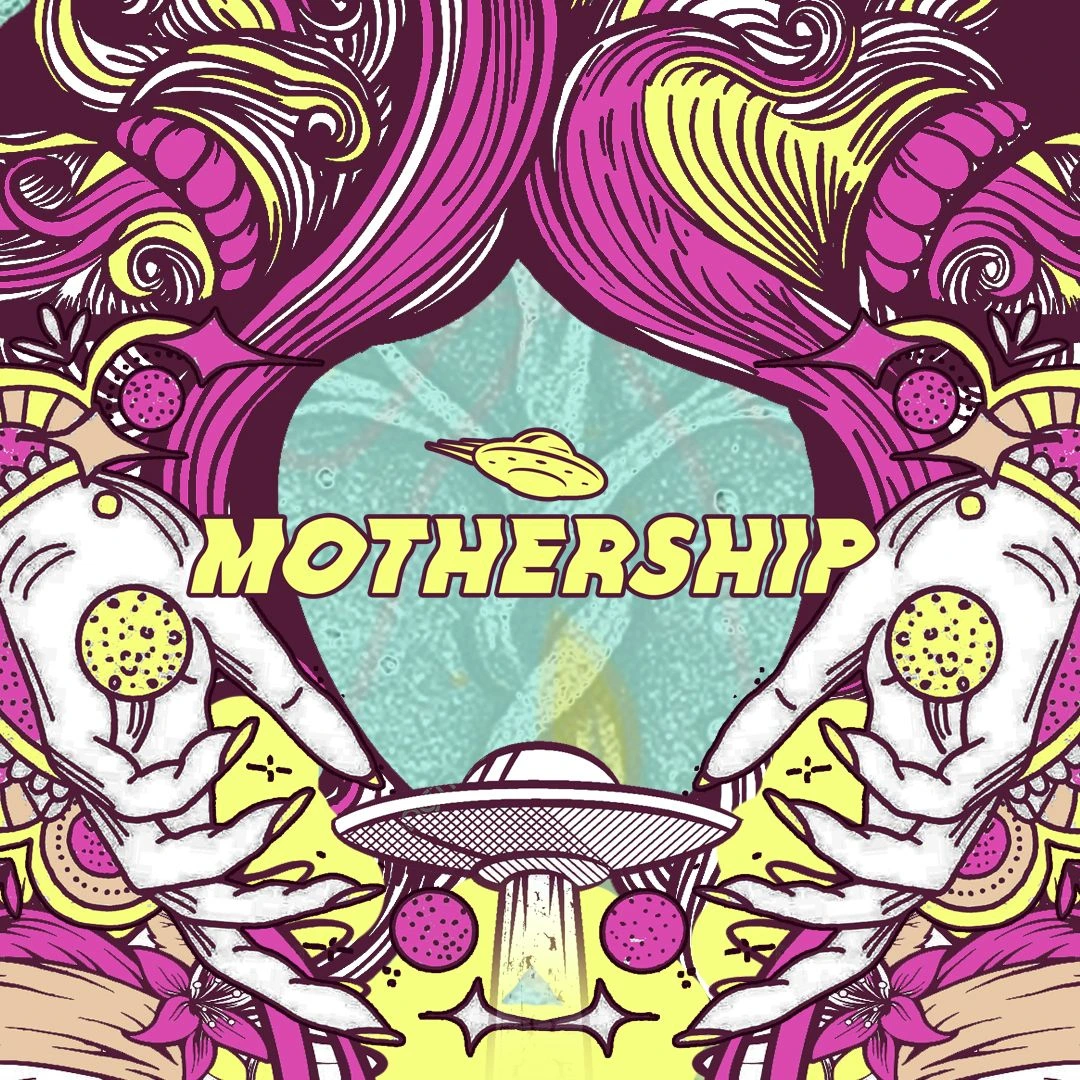 MOTHERSHIP Lisbon – Weekly Thursday party at Temple Club by Freaky Fiction & Visionaries. Psychedelic artwork with UFO and cosmic theme.